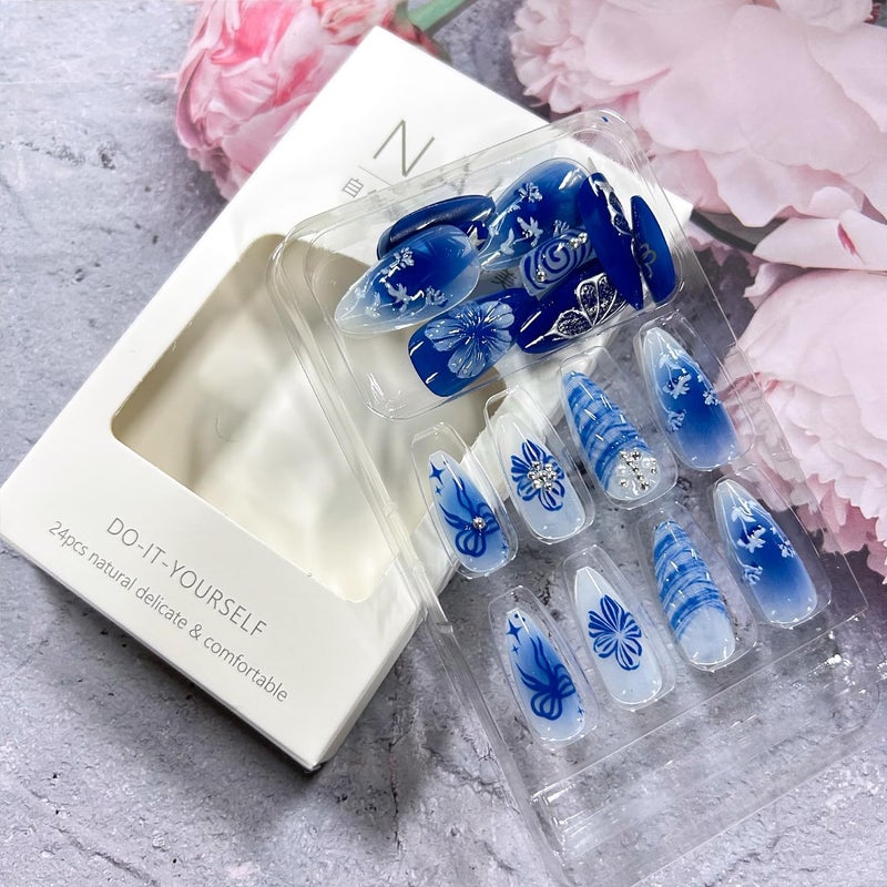 CJDLTS Flower Press on Nails Medium Almond Shaped Blue Artificial Acrylic Nails Gradient 3D Floral Butterfly with Bow Pearl Stick on Nails Full Cover Glue on Nail Artificial Fingernails for Women Manicure - Image 4